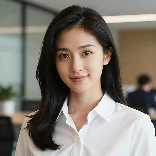 Photograph of an attractive Asian woman with straight black hair, wearing a white button-up shirt, smiling softly in a modern office.