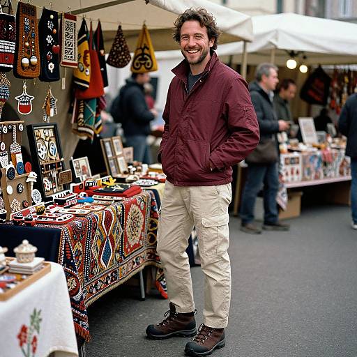 Photograph of a smiling, curly-haired man in a maroon jacket and beige pants, standing at a vibrant outdoor market stall with colorful, patterned