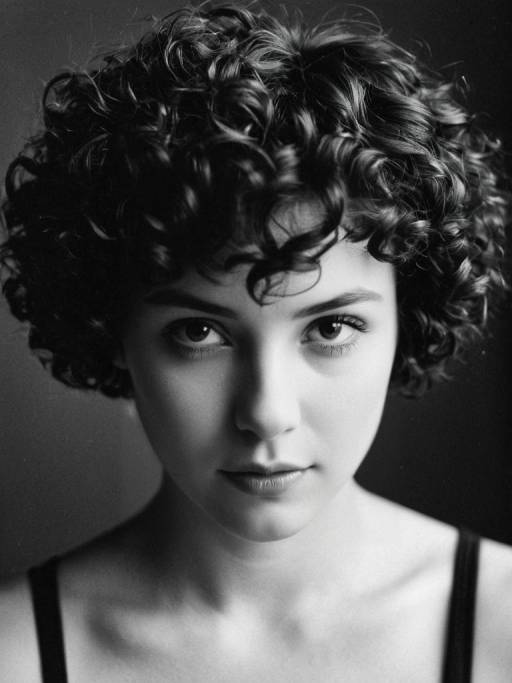 Black and White Portrait of Woman with Curly Hair