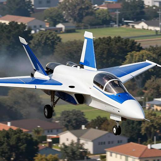 Futuristic White and Blue Jet Over Suburbs