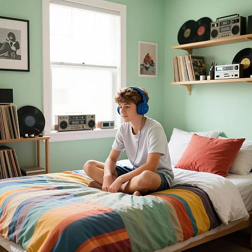Photograph of a young boy with curly brown hair, wearing blue headphones, white t-shirt, and gray shorts, sitting on a colorful striped bed in