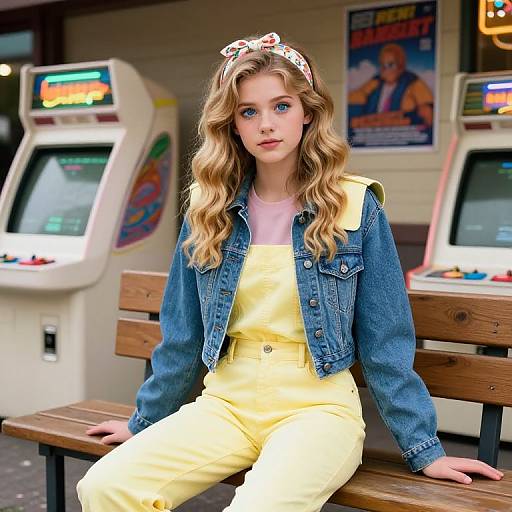Photograph of a blonde, blue-eyed young woman with wavy hair, wearing a denim jacket, yellow jumpsuit, and floral headband, sitting