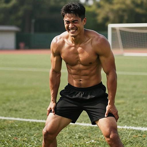 Photograph of a muscular, shirtless Asian man with short black hair, laughing, wearing black shorts, on a sunny grassy soccer field.