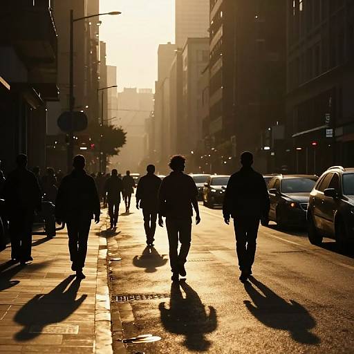 Silhouetted Figures in Twilight Metropolis