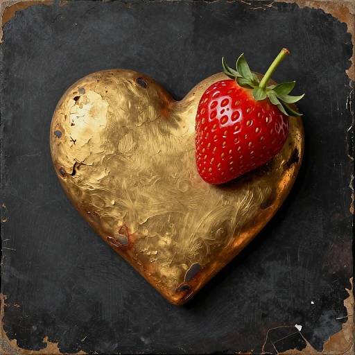 Photorealistic image of a shiny, textured gold heart with a fresh, red strawberry resting on top, against a dark, textured background.