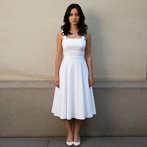 Photograph of a young woman with dark wavy hair, wearing a white sleeveless, knee-length dress and white high heels, standing against a beige