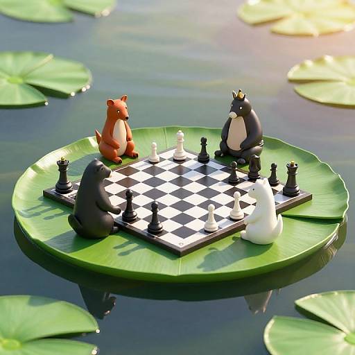 Photorealistic CGI of a chess game on a lily pad, featuring anthropomorphic animals: a red fox, black penguin, and white rabbit