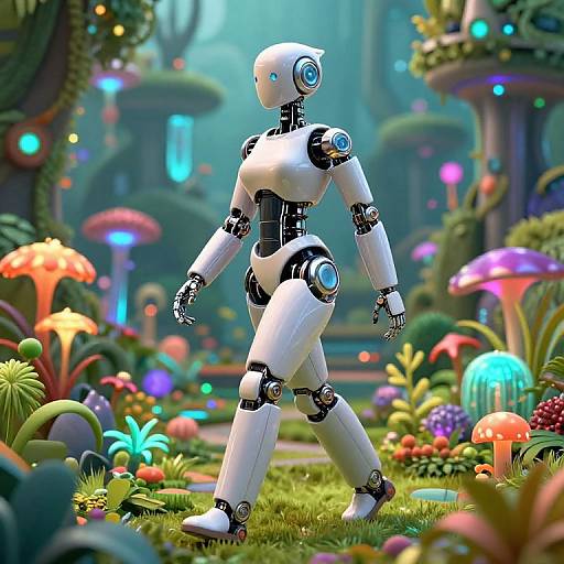 CGI image of a white, humanoid robot with blue glowing eyes walking through a vibrant, futuristic forest filled with colorful mushrooms and glowing flora.