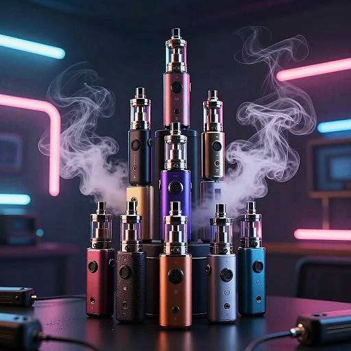 Photograph of a futuristic neon-lit room featuring a pyramid of smoking vaporizers in metallic colors, with blue, pink, and purple light accents in