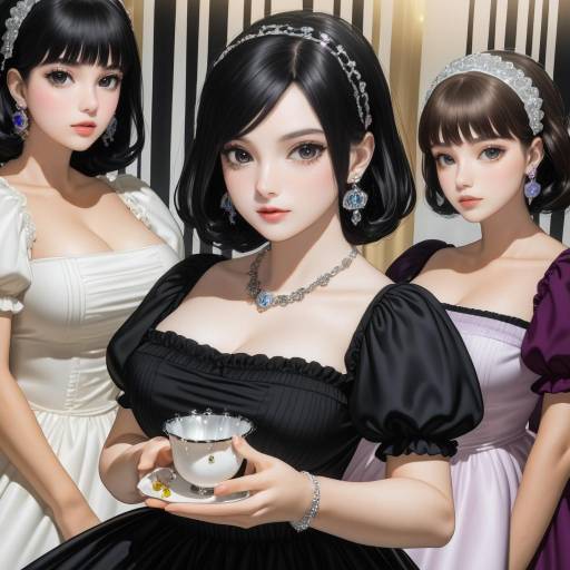 Elegant Women in Vintage Dresses with Tea Cup