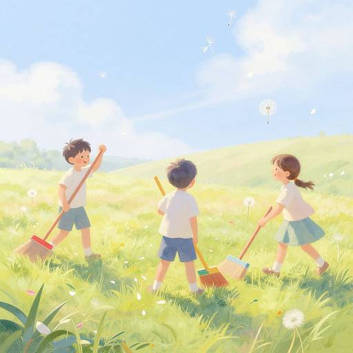 Digital anime-style illustration of three children in white shirts and blue shorts, raking a sunlit, green meadow under a bright blue sky.