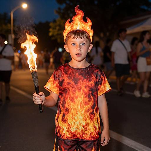 Photograph of a young boy with fire-themed shirt and headband, holding a lit torch at night, surrounded by a blurred crowd.