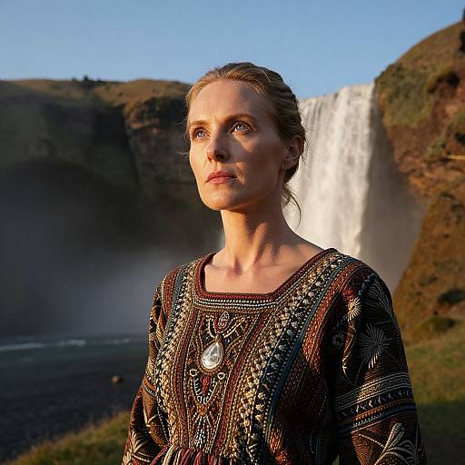 Photograph of a blonde woman with fair skin, wearing an ornate, patterned dress, standing in front of a waterfall and black sand beach,