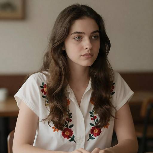 Young Woman with Floral Embroidered Shirt