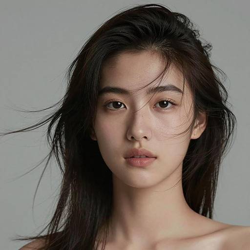 Photograph of an Asian woman with fair skin, dark straight hair, and neutral expression, set against a plain gray background.