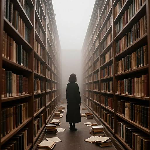 Photograph of a silhouetted person in a long coat walking down a foggy, narrow library aisle with tall shelves and scattered books.