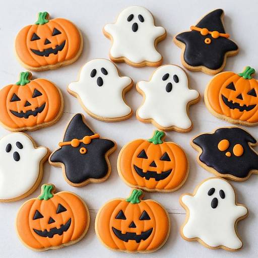 Halloween-themed sugar cookies: orange jack-o'-lanterns, white ghost faces, black witch hats, on a white background. Colorful,