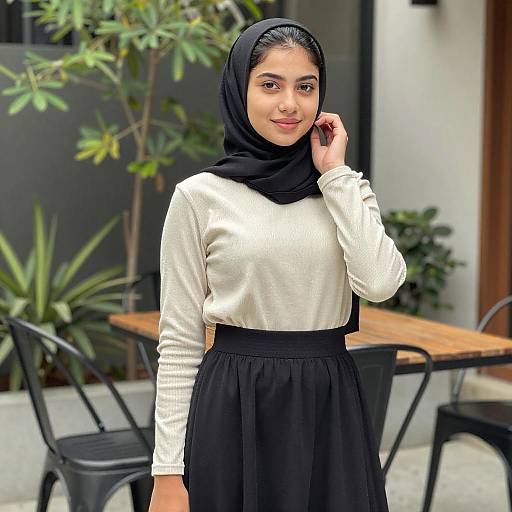 Photograph of a young South Asian woman with medium skin tone, wearing a black hijab, white long-sleeve top, and black skirt,