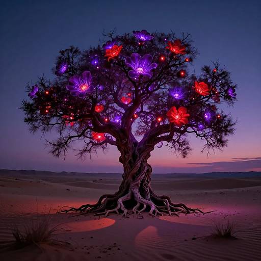 Photograph of a mystical tree in a desert at twilight, adorned with glowing purple and red lights, against a gradient blue-to-pink sky.