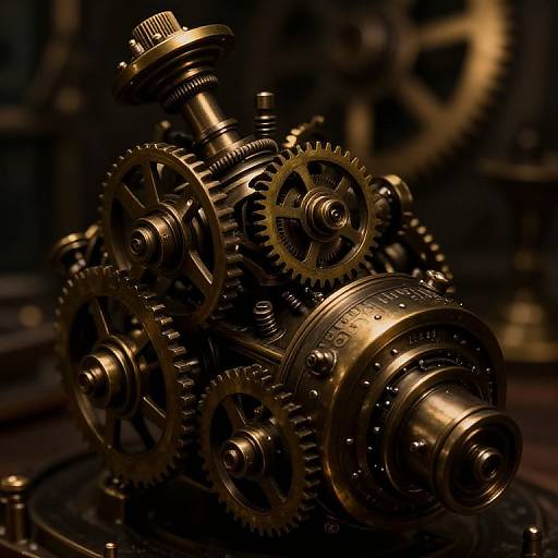 Photograph of intricate, golden brass gears and cogs, tightly interlocked, with a dark, blurred background, highlighting the metallic textures and mechanical complexity