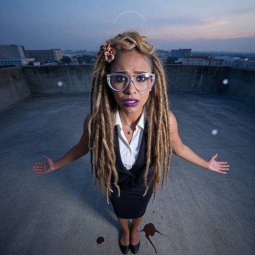 Photograph of a Black woman with long blonde dreadlocks, purple lipstick, glasses, black vest, white shirt, and skirt, standing on a rooftop