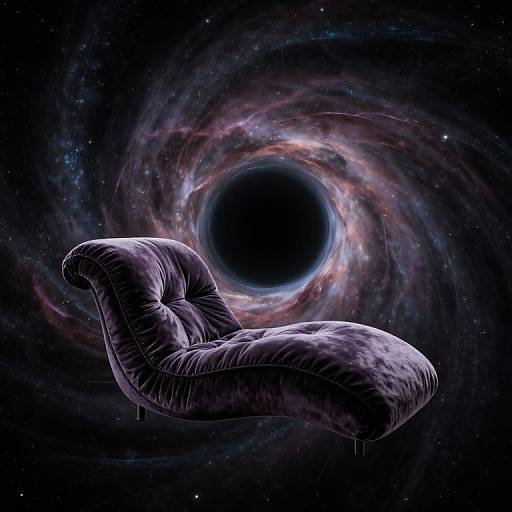 Digital artwork of a dark purple, velvet chaise lounge floating in space, with a black eclipse surrounded by colorful cosmic swirls behind it.