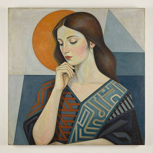 Stylized oil painting of a serene woman with long brown hair, closed eyes, and red lips, wearing a geometric-patterned robe, against a