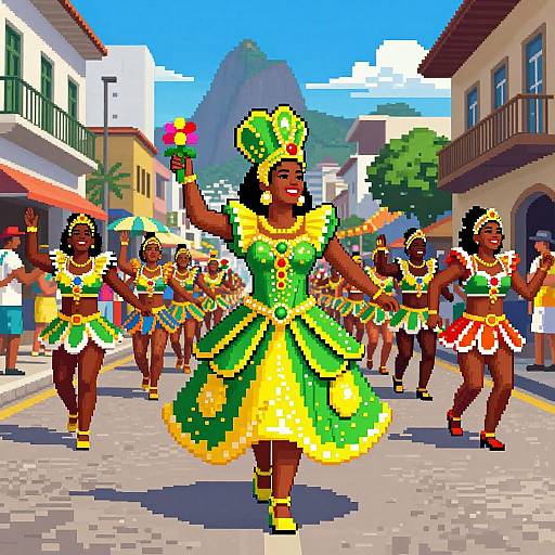 Pixel art of vibrant street parade: dark-skinned women in green and yellow costumes, headdresses, and flower accessories, dancing on sunny street.