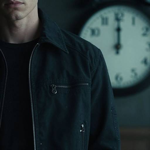 Photograph of a man's upper torso in a black jacket, with a large clock in the blurred background, showing blue lighting.