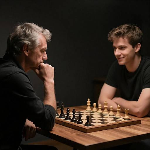 Two Men Playing Chess in Dimly Lit Room