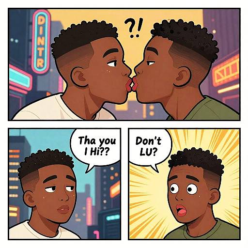 Comic panel: Two African-American men with short curly hair kiss; one asks 