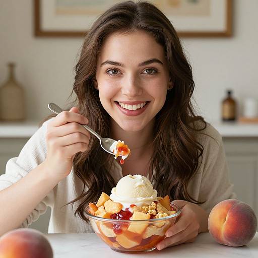 Smiling Woman with Peach Cobbler