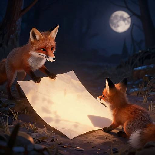 Photograph of two foxes with reddish-orange fur, one standing and one sitting, gazing at a glowing, illuminated sheet in a dark,