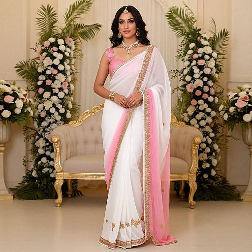 Photograph of a beautiful Indian woman in a white and pink traditional saree with gold embroidery, standing in front of a floral-adorned, orn