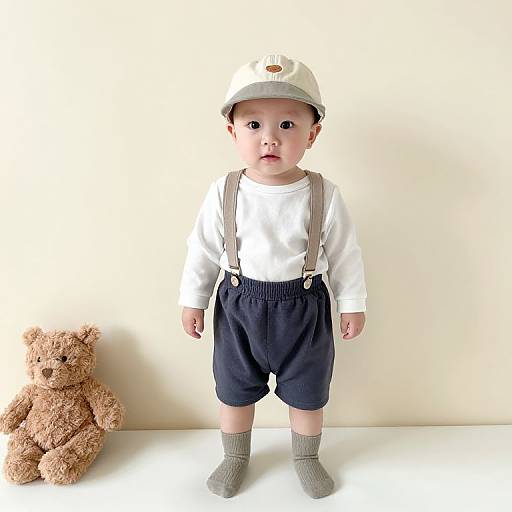 Photograph of a baby with fair skin, wearing white shirt, black shorts, gray socks, white cap, and suspenders, standing in front of