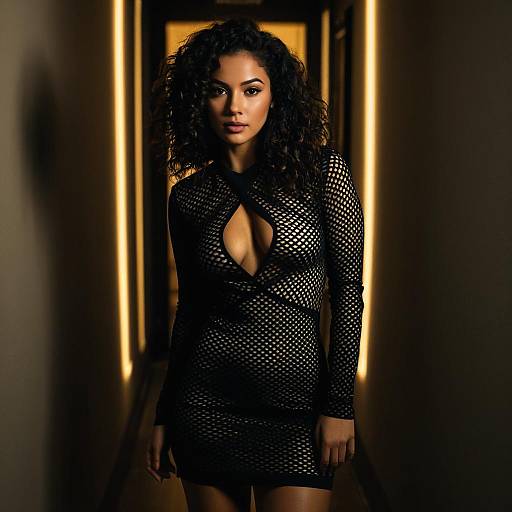 Woman in Black Mesh Bodycon Dress