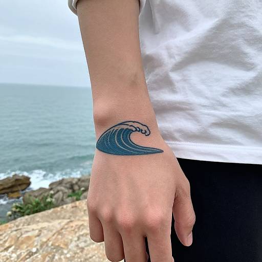Photograph of a person's forearm with a blue wave tattoo, wearing a white shirt, standing by a rocky ocean shoreline.