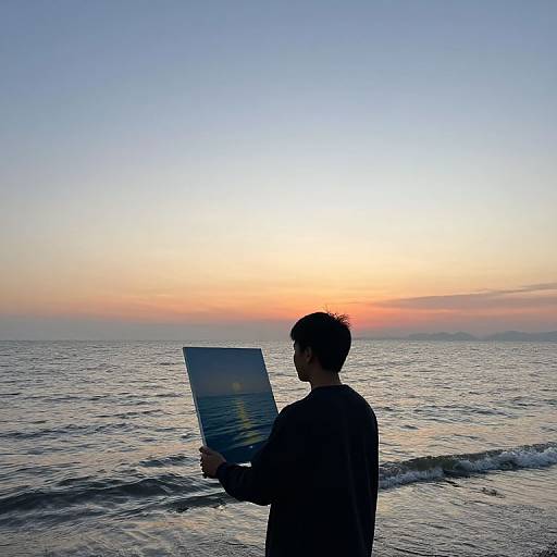 Photograph of a silhouetted man with short hair holding a laptop, standing on a beach at sunset with a calm ocean and gradient sky.