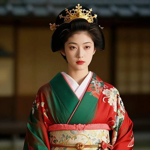Woman in Red-Green Kimono with Crown