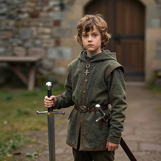 Photograph of a young boy with tousled brown hair, wearing a medieval green tunic and holding a sword, standing in front of a stone building
