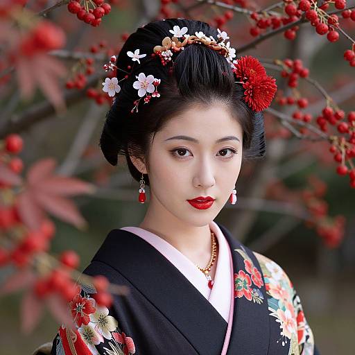 Photograph of a beautiful Japanese woman with fair skin, black hair adorned with floral hairpiece, red lips, traditional black kimono with floral embroidery,