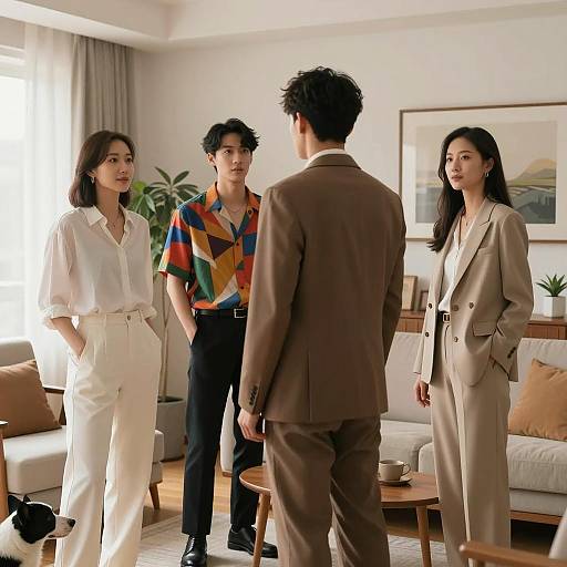 Group of Four Standing in Modern Living Room
