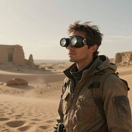 Photograph of a young man with spiky brown hair, wearing dark goggles and a brown military-style jacket, standing in a sunlit, sandy desert