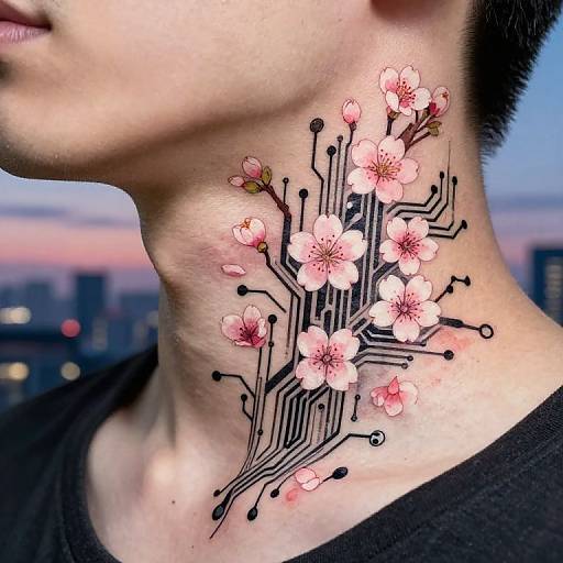 Photograph of a man's neck showcasing a detailed tattoo of cherry blossoms with black circuitry lines, against a blurred cityscape sunset background.