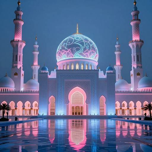 Photograph of a brightly lit, illuminated Islamic mosque at night, featuring a glowing blue and pink dome, symmetrical minarets, and reflective water