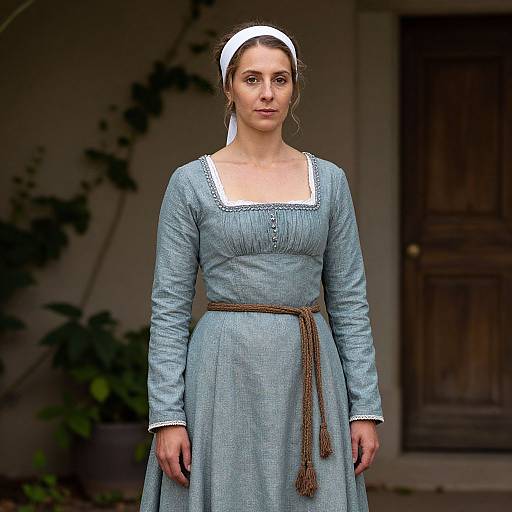 Photograph of a young woman with fair skin, brown hair, and blue eyes, wearing a blue 18th-century dress, white headband,