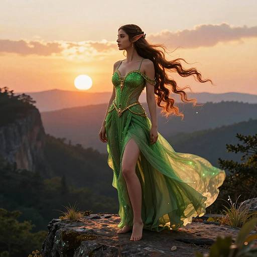 Elf Woman in Green Dress at Sunset Cliff