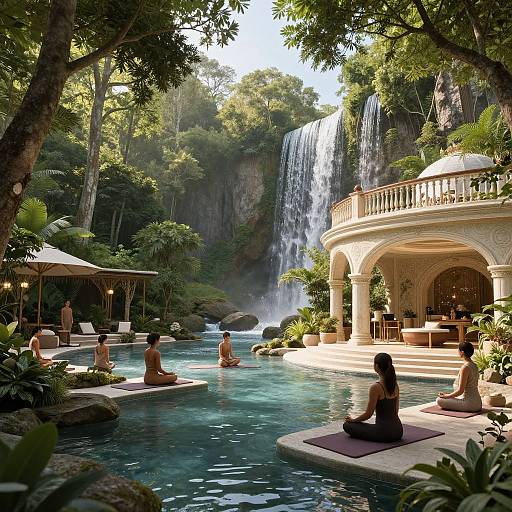 Photorealistic CGI of a serene jungle resort with a turquoise pool, waterfall, and elegant white pavilion. Guests meditate on purple mats, surrounded