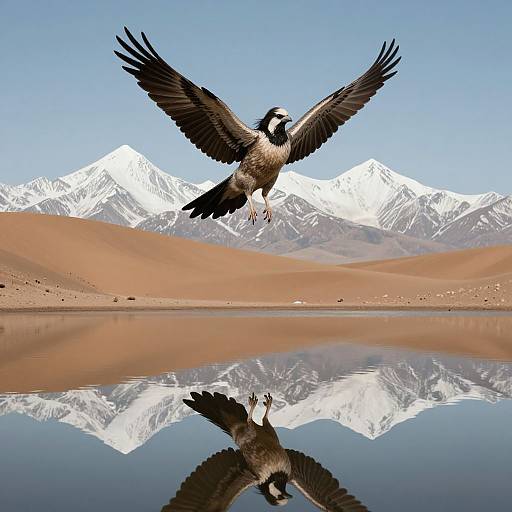 Photograph of a black-headed vulture with outstretched wings flying over a serene desert lake, reflecting snowy mountain peaks under a clear blue sky.