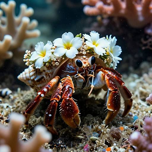 Photograph of a vibrant red crab adorned with white, star-shaped flowers on its head, surrounded by coral and seaweed in a colorful underwater habitat.